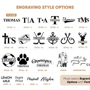 May include: A chart showing different engraving styles for a personalized gift. The styles include initials, names, sports, animals, and more. The chart also includes different font options for the engraving.