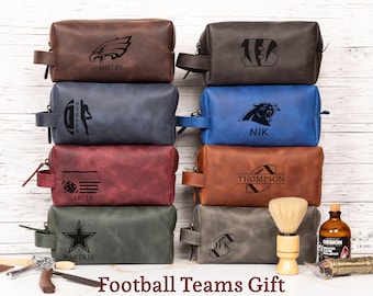 Personalized College Football Teams Logo Dad Name Gift, Leather Toiletry Bag Men, Custom Dad Toiletry Bag Sport Team Logo Christmas Gift