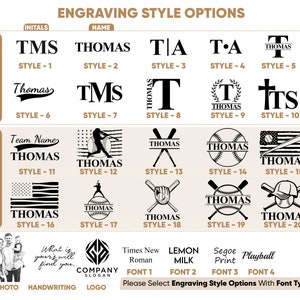 May include: A chart showing 20 different engraving styles for a baseball-themed gift. The styles include initials, names, and baseball-related designs. The chart also includes four different font options: Times New Roman, Lemon Milk, Segoe Print, and Playball. The text "Please Select Engraving Style Options With Font Type" is at the bottom of the chart.
