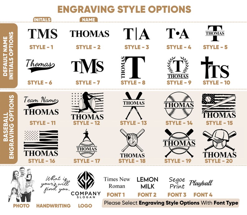 May include: A chart showing 20 different engraving styles for a baseball-themed gift. The styles include initials, names, and baseball-related designs. The chart also includes four different font options: Times New Roman, Lemon Milk, Segoe Print, and Playball. The text "Please Select Engraving Style Options With Font Type" is at the bottom of the chart.