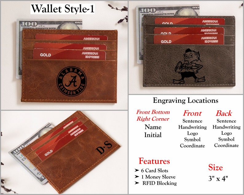 May include: A brown leather wallet with six card slots, one money sleeve, and RFID blocking. The wallet has a front pocket with a D.S. monogram and a back pocket with an Alabama Crimson Tide logo.