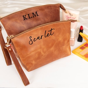 Personalized Leather Makeup Bag for Bridesmaids, Custom Travel Cosmetic Pouch, Small Toiletry Organizer, Makeup Bag Monogram Gift for Her