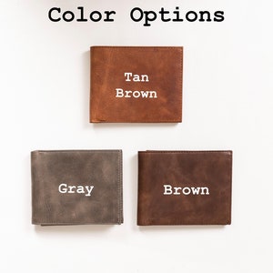 May include: Three leather wallets in different colors: tan brown, gray, and brown. The wallets are laid out on a white surface. The text "Tan Brown", "Gray", and "Brown" is printed on each wallet.