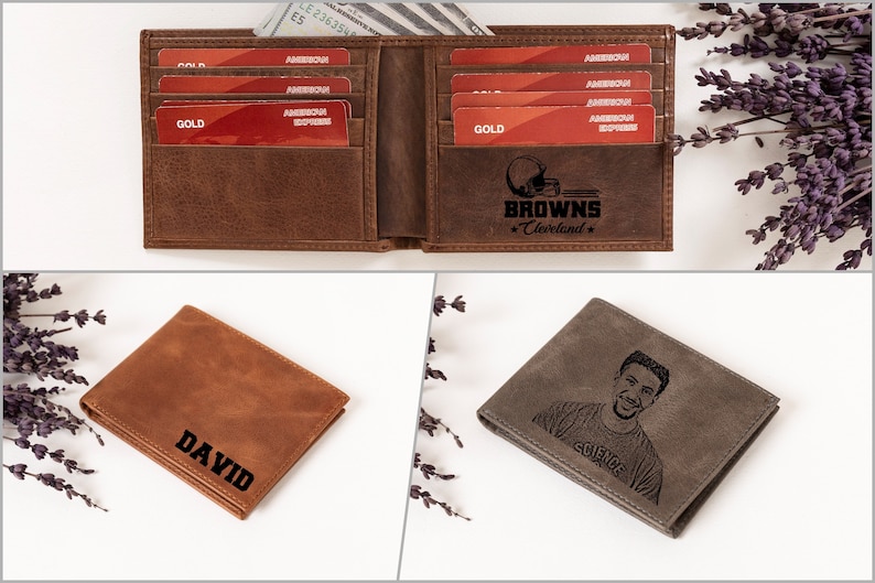 May include: Three different leather wallets. The first wallet is brown with a football logo and the text "BROWNS *Cleveland*" on the front. The second wallet is brown with the name "DAVID" engraved on the front. The third wallet is gray with a photo of a man and the text "SCIENCE" on the front.