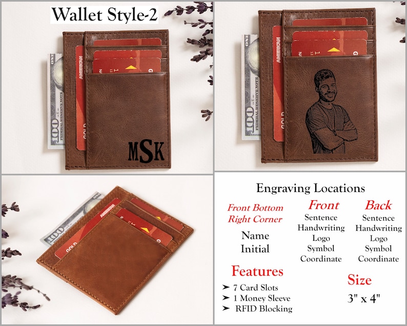 May include: Brown leather wallet with a flap closure and a money sleeve. The wallet has 7 card slots and RFID blocking. The wallet is 3 inches by 4 inches. The wallet has the initials MSK engraved on the front.