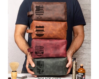 Personalized Leather Toiletry Bag for Policeman Him Dad Husband Grandpa Boyfriend, Unique Police Officer Gift, Christmas Policeman Bulk Gift