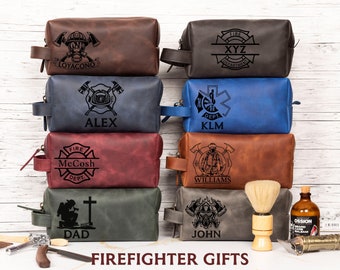 Personalized Firefighter Gift Him, Firefighter Retirement Dad Gift, Leather Toiletry Bag Mens, Fire Academy Graduation Gift, Husband Gifts
