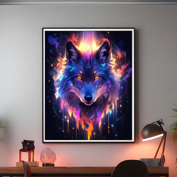 Tableau Loup Sombre Neon Peinture Fantastique Loup Impressions Poster Salon Loup Tableau Mural Loup Art Mural Chambre