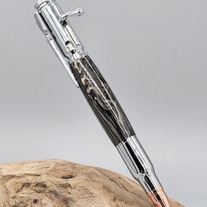 Black and Smokey Grey Acrylic Bolt Action Pen with Chrome Fittings - Handmade in Ireland
