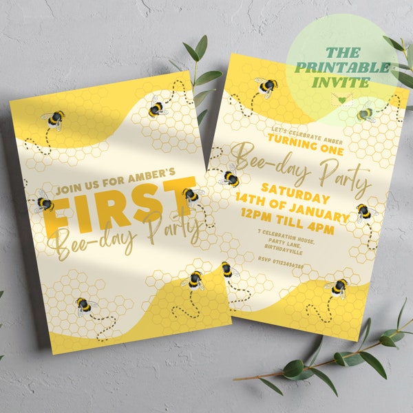 First Bee-day | Children’s Birthday Party Invitation | Canva Template | Fully Editable Printable or Digital Invite | Personalised Invitation