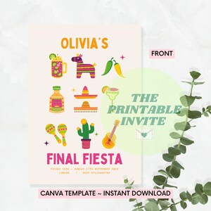 Puede incluir: Invitaci&oacute;n imprimible para una fiesta "Final Fiesta" con un dise&ntilde;o colorido que incluye una pi&ntilde;ata, un sombrero, maracas, un cactus, una botella de tequila, una margarita y una guitarra. El texto "Olivia's" y "Final Fiesta" est&aacute; incluido en el dise&ntilde;o.