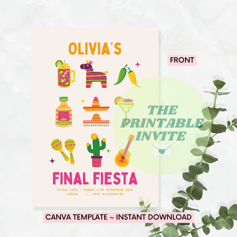 Puede incluir: Invitaci&oacute;n imprimible para una fiesta "Final Fiesta" con un dise&ntilde;o colorido que incluye una pi&ntilde;ata, un sombrero, maracas, un cactus, una botella de tequila, una margarita y una guitarra. El texto "Olivia's" y "Final Fiesta" est&aacute; incluido en el dise&ntilde;o.