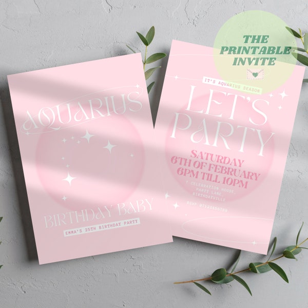 Aquarius Season Pink | Zodiac Horoscope Editable Birthday Party Invite | Themed Personalised Event Invitation | Digital Evite Canva Template