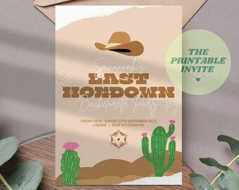 May include: A printable invitation for a hen party with a western theme. The invitation features a cowboy hat, cacti, and the text "Savannah's Last Hoedown Hen Party".