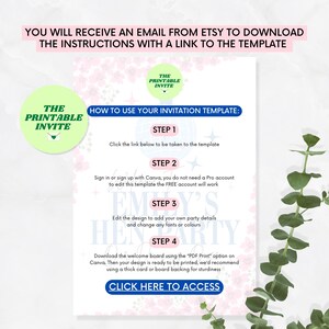 Puede incluir: Una plantilla de invitaci&oacute;n imprimible con un dise&ntilde;o floral rosa y blanco, junto con instrucciones sobre c&oacute;mo usarla. La plantilla presenta el texto "Emily's Hen Party" y un dise&ntilde;o floral rosa y blanco. Las instrucciones incluyen los pasos para editar la plantilla, descargarla y acceder a ella. El texto "Haga clic aqu&iacute; para acceder" est&aacute; en un cuadro azul.