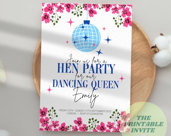 Invito per addio al nubilato Mamma Mia: Dancing Queen con itinerario (modello Canva)