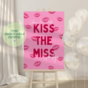 Kiss The Miss Goodbye Edytowalna tablica powitalna na wieczór panieński i panieński | Szablon Canva | Tło ze zdjęciem na znak Miss to Mrs Bach do pobrania cyfrowego