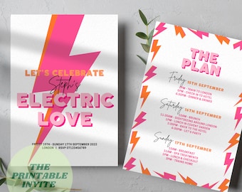 Electric Love | Hen Bachelorette Party Invitation Itinerary | Canva Template | Fully Editable Printable or Digital Invite