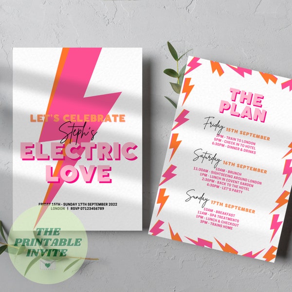 Electric Love | Hen Bachelorette Party Invitation Itinerary | Canva Template | Fully Editable Printable or Digital Invite