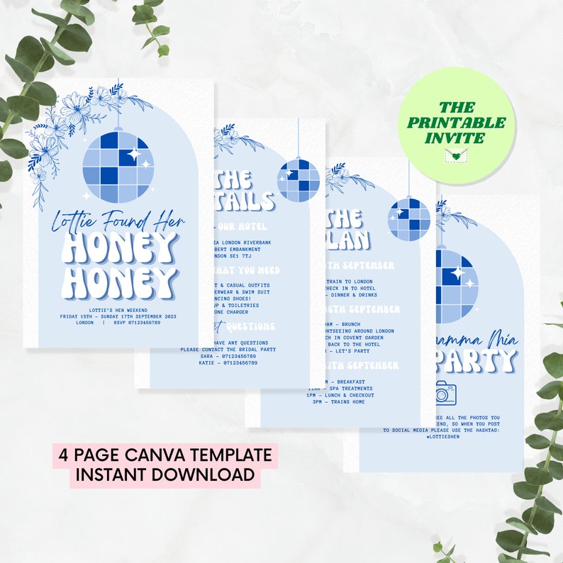 Puede incluir: Una plantilla de Canva de cuatro p&aacute;ginas para una invitaci&oacute;n de despedida de soltera. La plantilla presenta un esquema de color azul y blanco con un dise&ntilde;o de bola de discoteca. El texto de la invitaci&oacute;n dice "Lottie Found Her Honey Honey" y "The SAILS" y "The PLAN" y "Mamma Mia Party".