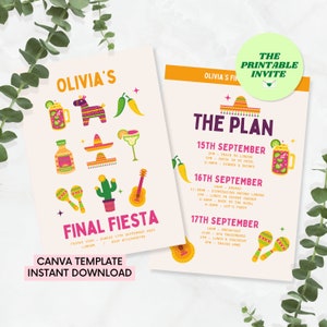Puede incluir: Invitaci&oacute;n imprimible para una fiesta tem&aacute;tica "Final Fiesta" con un dise&ntilde;o colorido que incluye un cactus, maracas, una guitarra, un sombrero, una margarita, una pi&ntilde;ata y un chile. La invitaci&oacute;n incluye la fecha y la informaci&oacute;n de RSVP.