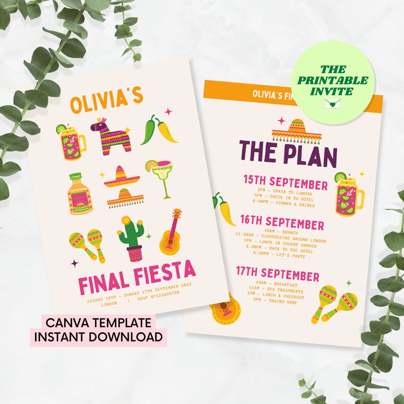 Puede incluir: Invitaci&oacute;n imprimible para una fiesta tem&aacute;tica "Final Fiesta" con un dise&ntilde;o colorido que incluye un cactus, maracas, una guitarra, un sombrero, una margarita, una pi&ntilde;ata y un chile. La invitaci&oacute;n incluye la fecha y la informaci&oacute;n de RSVP.