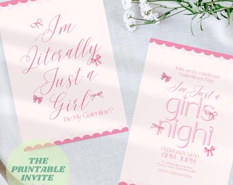 Invito per la serata tra ragazze di Galentine: modello Canva con fiocco rosa (download digitale)