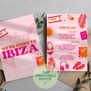 May include: A pink and orange printable invitation for a hen party in Ibiza. The invitation features a suitcase, a plane, a bikini, flip flops, and headphones. The text on the invitation reads "Woahh! We're going to Ibiza for Steph's Hen" and "The Plan".