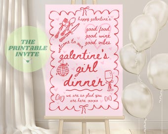 Tabellone di benvenuto per la cena delle ragazze di Galentine: tema fiocco rosa (modello Canva)