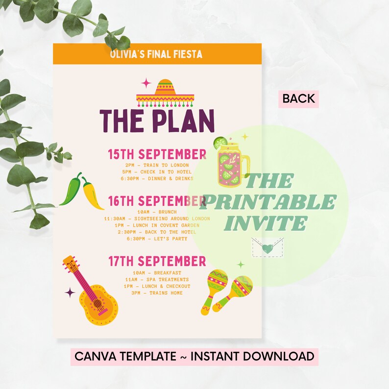 Puede incluir: Una invitaci&oacute;n imprimible para una fiesta con tem&aacute;tica de fiesta. La invitaci&oacute;n est&aacute; en un esquema de color naranja claro, verde y rosa. El texto de la invitaci&oacute;n dice "Olivia's Final Fiesta" y "The Plan". La invitaci&oacute;n incluye un itinerario detallado para la fiesta, que se lleva a cabo durante tres d&iacute;as. La invitaci&oacute;n tambi&eacute;n incluye un gr&aacute;fico de un sombrero, maracas, una guitarra y un vaso de limonada.