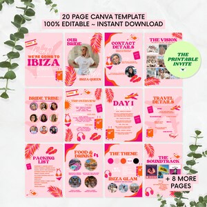 May include: A 20-page Canva template for a bachelorette party in Ibiza. The template includes a printable invite, a packing list, a trip overview, travel details, food and drinks, the theme, and the soundtrack. The template is 100% editable and includes 8 more pages.
