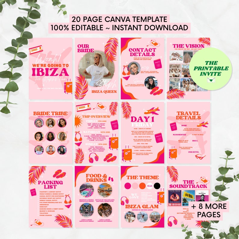 May include: A 20-page Canva template for a bachelorette party in Ibiza. The template includes a printable invite, a packing list, a trip overview, travel details, food and drinks, the theme, and the soundtrack. The template is 100% editable and includes 8 more pages.