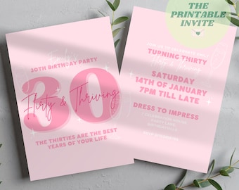 Thirty Flirty & Thriving Pink | Editable 30th Birthday Party Invite | Themed Personalised Event Invitation | Digital Evite | Canva Template