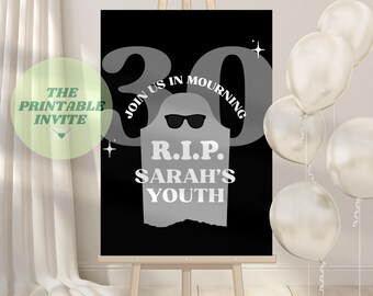 RIP alla mia bacheca di benvenuto per il 30° compleanno della gioventù: tema funerale (modello Canva scaricabile digitalmente)