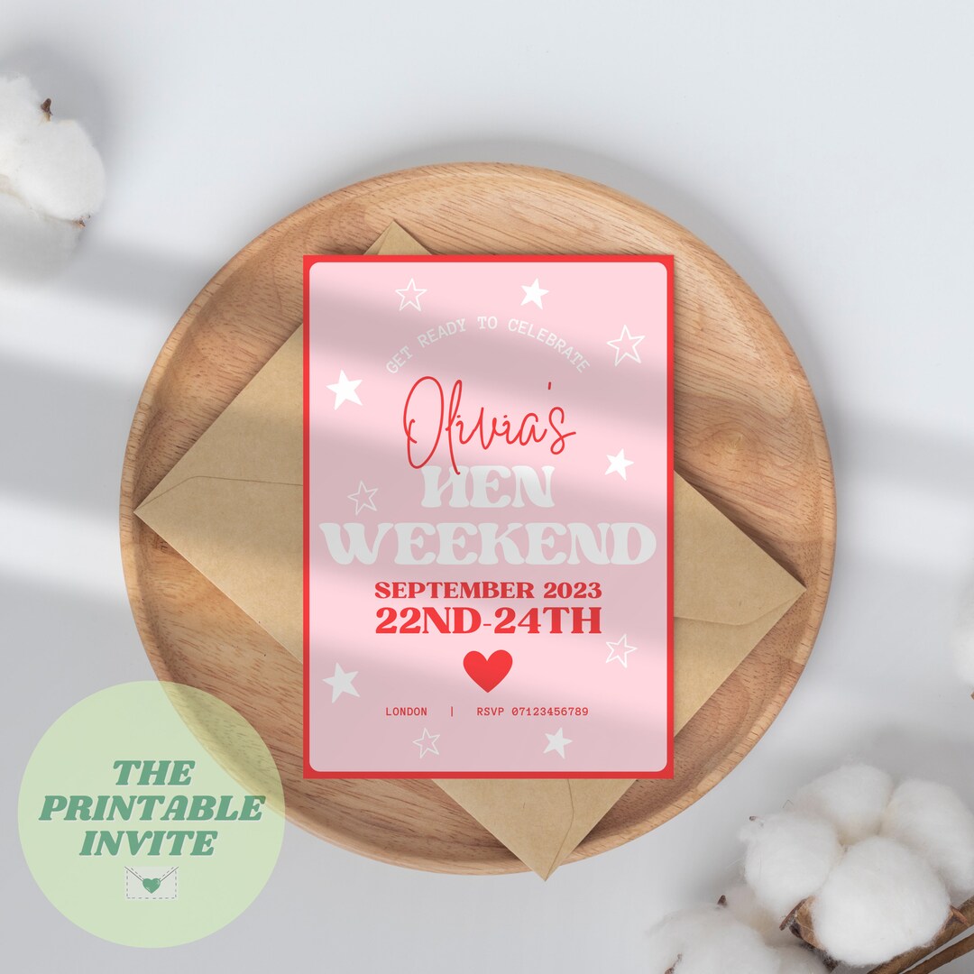 Pink & Red Hen Party Invite Bachelorette Party Invitation Itinerary