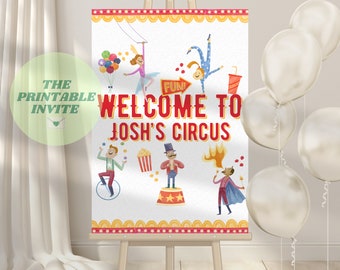May include: A printable welcome sign for a circus themed party. The sign features a red and yellow circus tent with the words "Welcome to Josh's Circus" in red letters. There are colorful illustrations of circus performers, including a clown, a juggler, a trapeze artist, and an acrobat.