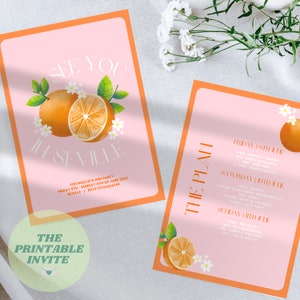 May include: A printable invitation for a hen party in Seville, Spain. The invitation features a pink background with orange slices and white flowers. The text "See you in Seville" is written in white letters. The invitation also includes the date and RSVP information.