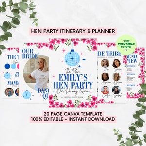 Itinerario editable para despedida de soltera / Plantilla Canva Mamma Mia / Planificador de fin de semana de 20 páginas / Invitación para despedida de soltera / Digital Evite