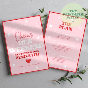 Pink & Red Hen Party Invite | Bachelorette Party Invitation Itinerary | Canva Template | Fully Editable Printable or Digital Invite | Custom