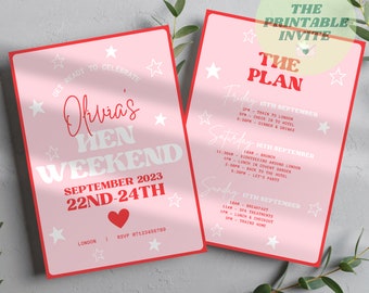 Pink & Red Hen Party Invite | Bachelorette Party Invitation Itinerary | Canva Template | Fully Editable Printable or Digital Invite | Custom