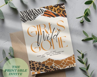 May include: A printable invitation with a white background and a torn paper design featuring animal print patterns in shades of brown, orange, and black. The text "Girls Wild Gone" is written in a bold, gold font. The invitation details include the date, time, and location of the event, along with an RSVP number.