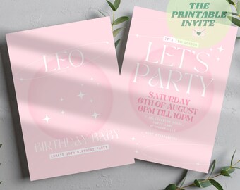 Leo Season Birthday Party Invitation: Pink Zodiac Canva Template (Digital Evite)