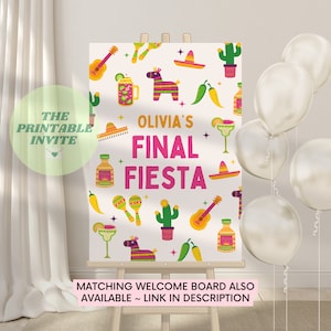Puede incluir: Un cartel de bienvenida imprimible para una fiesta final. El cartel presenta un fondo blanco con ilustraciones coloridas de art&iacute;culos con tem&aacute;tica mexicana, incluyendo una guitarra, un cactus, un sombrero y una maraca. El texto "Olivia's Final Fiesta" est&aacute; escrito en letras rosas y amarillas.