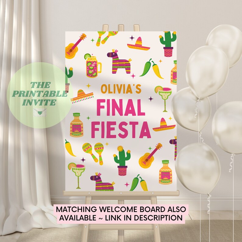 Puede incluir: Un cartel de bienvenida imprimible para una fiesta final. El cartel presenta un fondo blanco con ilustraciones coloridas de art&iacute;culos con tem&aacute;tica mexicana, incluyendo una guitarra, un cactus, un sombrero y una maraca. El texto "Olivia's Final Fiesta" est&aacute; escrito en letras rosas y amarillas.