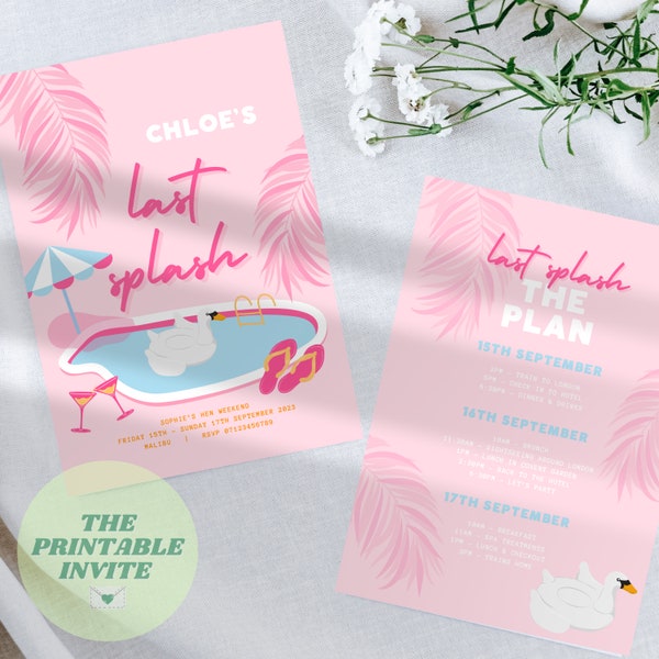 Editable Hen Bachelorette Party Invite | Last Splash Canva Template | Malibu Pool Party Invitation | Bachelorette Itinerary Digital Evite