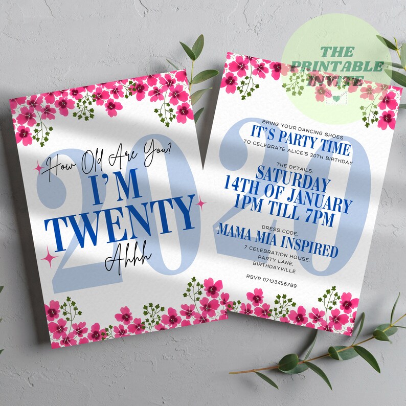 Mamma Mia 20th Birthday Invitation Editable Canva Template digital mamma-mia-20th-birthday-invitation-editable-canva-template-digital