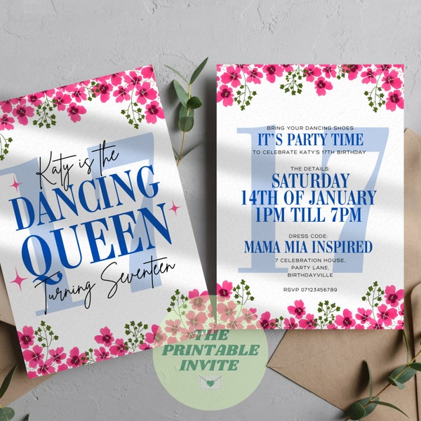 Dancing Queen 17 Mamma Mia | 17th Birthday Party Invitation | Canva Template | Fully Editable Printable or Digital Invite | Personalised