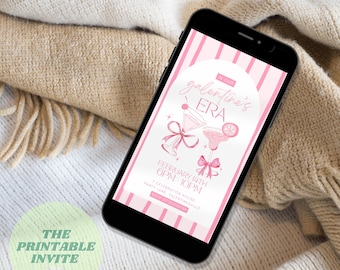 Invito digitale Galentine's Era: Brunch per ragazze, modello Canva con fiocco rosa (download digitale)