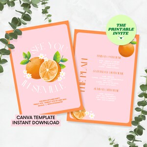 May include: A pink and orange printable invitation for a hen party in Seville, Spain. The invitation features a graphic of oranges and white flowers. The text on the invitation reads "See you in Seville" and includes the dates and RSVP information. The invitation also includes a detailed itinerary for the weekend.