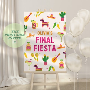 May include: A white printable sign with a pink and yellow fiesta theme. The sign says "Olivia's Final Fiesta" and is decorated with images of maracas, cacti, sombreros, pinatas, and tequila bottles.